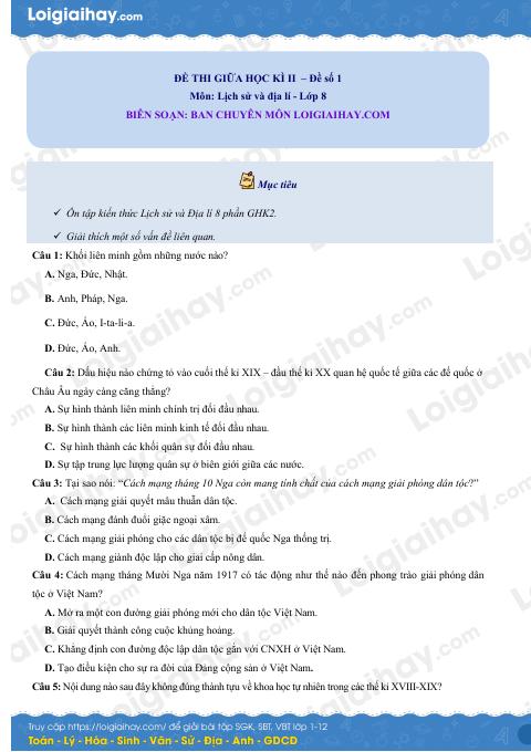 Đề thi giữa kì 2 Lịch sử và Địa lí 8 - Đề số 1